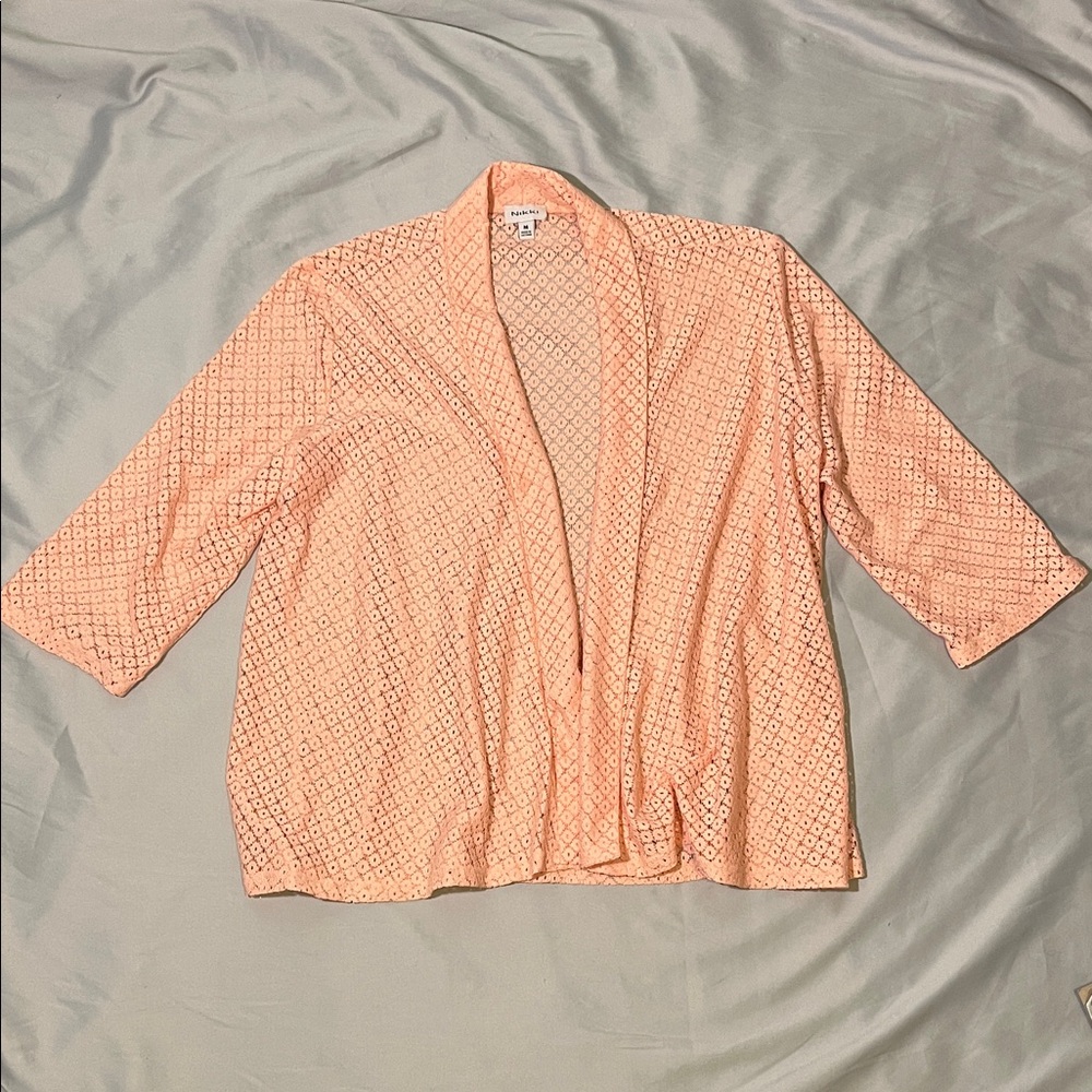 Nikki Elegant Peach Coral Patterned Sheer Lace See Thru Blazer Jacket Medium